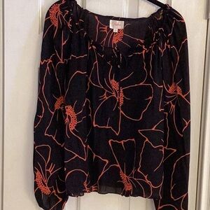 Parker Black & Coral Silk Boho Top w/ Large Puffed Sleeves